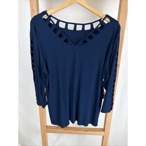 NWT Zen Knit Navy Blue V-Neck 3/4 Sleeve Cut-Out Details Long Top #0935 XXL